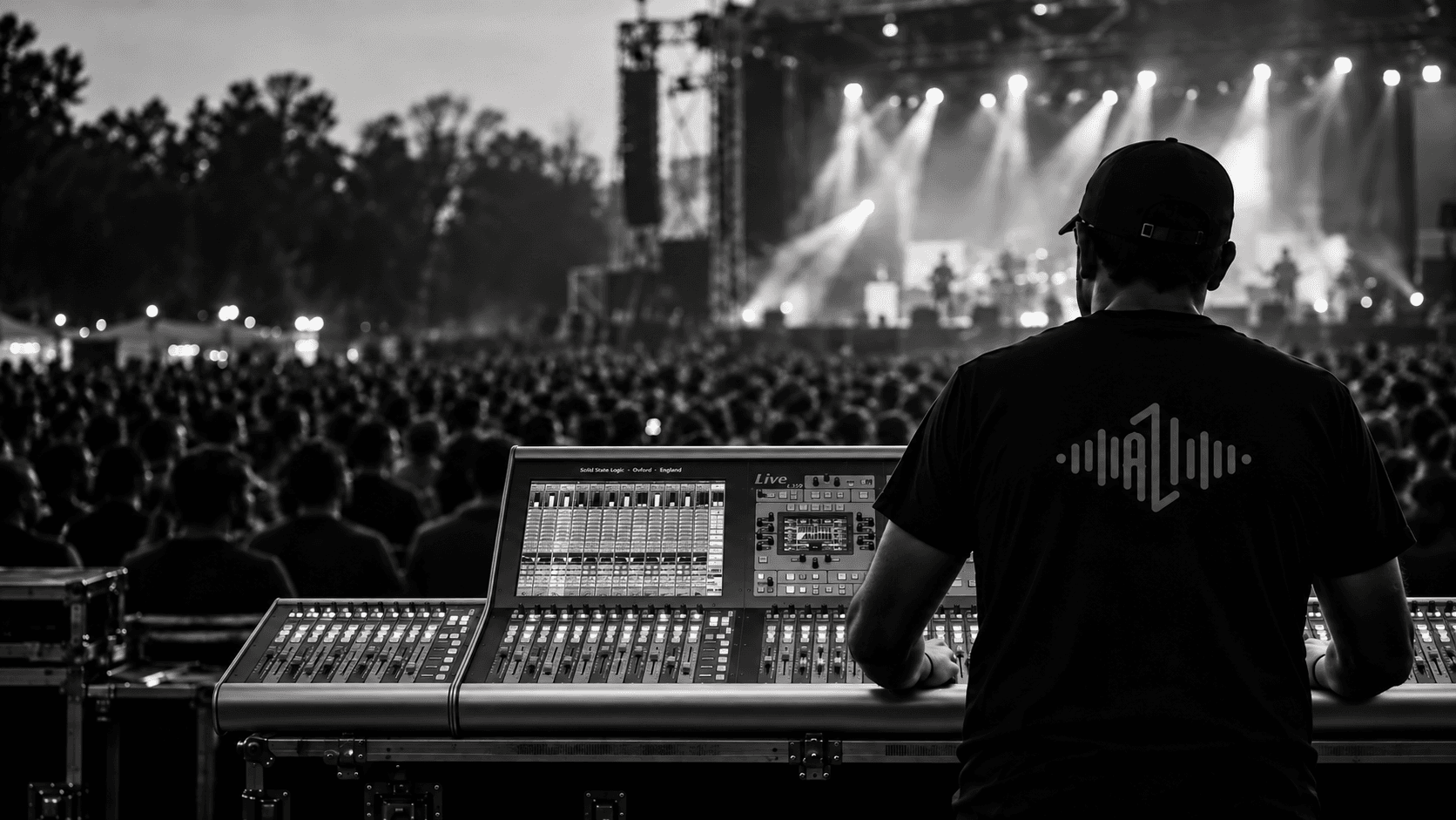 Realizator dźwięku przy konsoli SSL Live L350 podczas koncertu